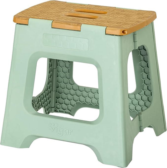 Vigar Compact Step Stool Foldable, 12-1/2-inch Step Stools for Adults up to 330 Pound, Lightweight Stool, Non-Slip Folding Step Stool, Bamboo Print on Top, Vintage Green