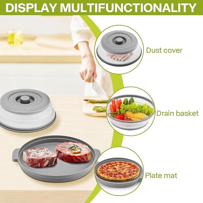 Microwave Food Splatter Cover & Anti-scald Base Mat,Large Plastic & Silicone Vented Avoid Scalding Collapsible Guard Lid, Plate Holder & Kitchen Colander for Meal Prep-10.7 Inch (2pcs-Gray-Black)