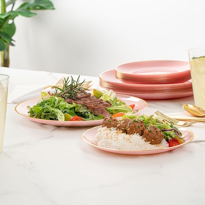 Restaurantware Plastic Plates 200 Pcs 7.13" and 10" Combo Gold Rimmed Plate Set Disposable Heavy-Duty Pink Translucent Rippled Plastic Dinner Servers for Party, Weddings, Salads, Desserts