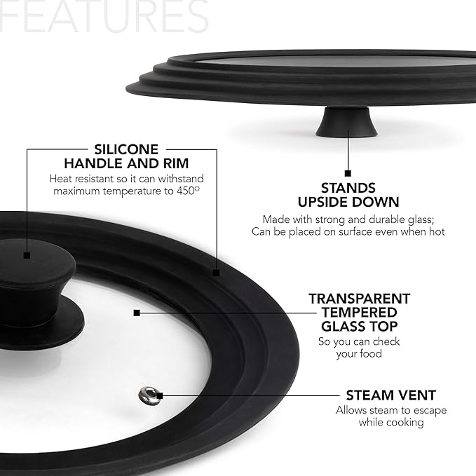 Modern Innovations Universal Lids (Set of 2) Fits 7 to 12-Inch Cookware, Silicone Replacement Pan Lid, Glass Top Covers for Skillets, Pots, Frying Pans, Cast Iron, CrockPot - Black