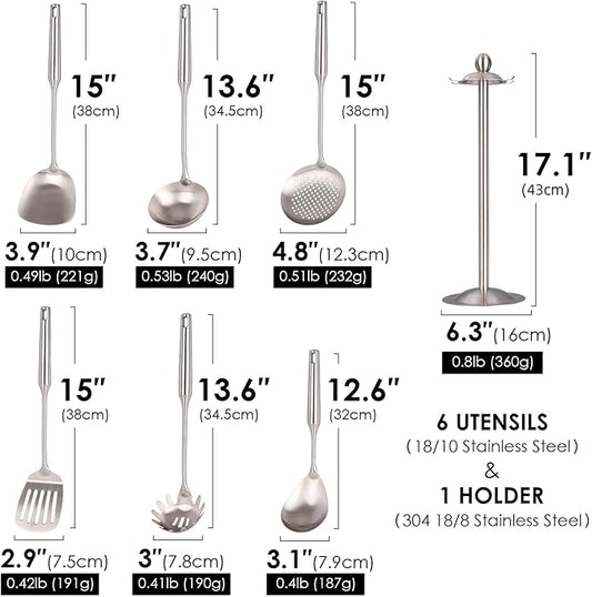 18/10 Stainless Steel Kitchen Utensils Set - 15’’ All Metal Cooking Utensils with Countertop Rotating Holder Stand, Spatula, Ladle, Skimmer, Slotted Turner, Pasta, Large Spoon Set of 7