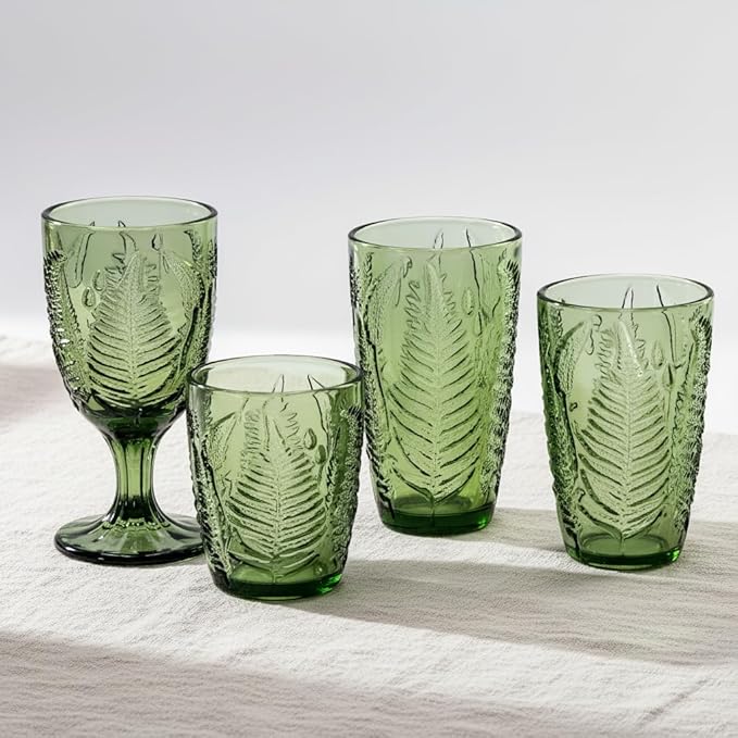 Green Drinking Glasses Set of 8 – 12 oz Hand-Blown Vintage Glass Cups, Boho Aesthetic Colored Glassware with Antique Charm, Textured Highball Water Tumblers, Unique Retro Drinkware Gift for Home