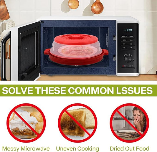 Microwave Food Splatter Cover & Anti-scald Base Mat,Large Plastic & Silicone Vented Avoid Scalding Collapsible Guard Lid, Plate Holder & Kitchen Colander for Meal Prep-10.7 Inch (2 Pcs BRed)