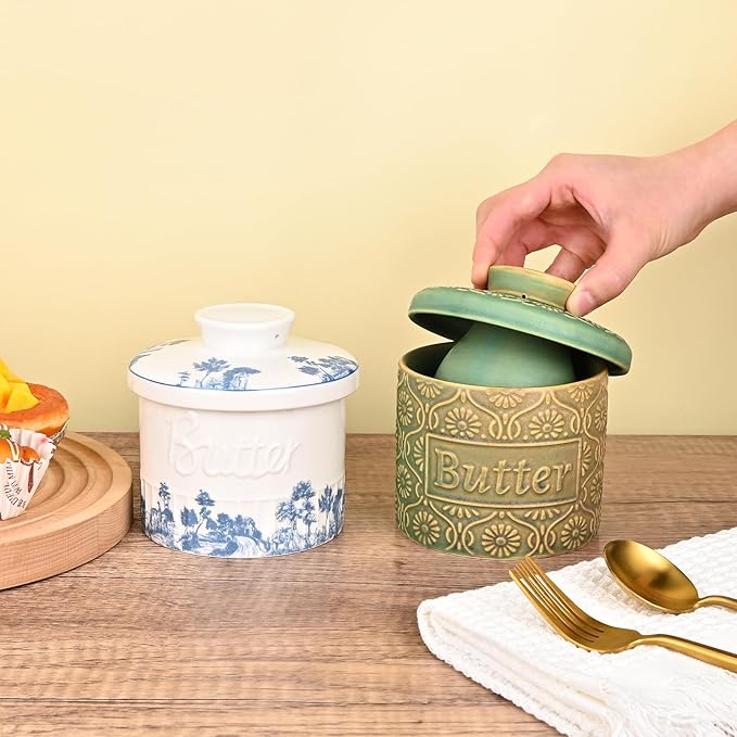 Butter Crock, Ceramic French Butter Dish with Lid for Countertop, Butter Keeper with Water Line for Fresh Spreadable Butter (Vintage Green)