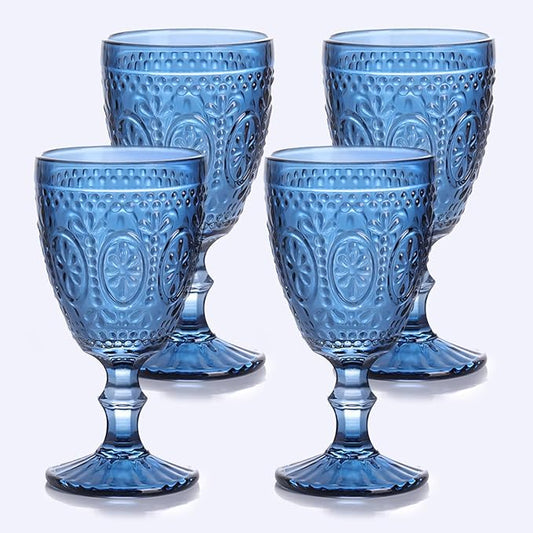 Blue Wine Glasses set of 4, Blue Goblets, Vintage Drinking Glassware, Colored Glassware Set for Party Home Wedding Baby Shower