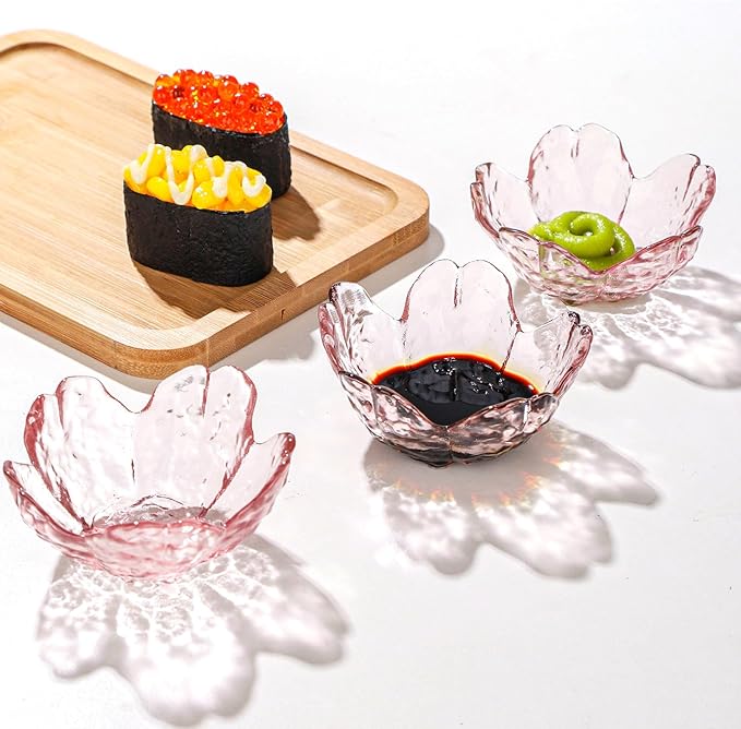 WHJY 5 pack Cute Sauce Dishes Glass Dish Set for Soy Sauce Snacks Tea Bag Mini Glass Bowls Clear Pink Cherry Blossom Soy Sauce Dishes
