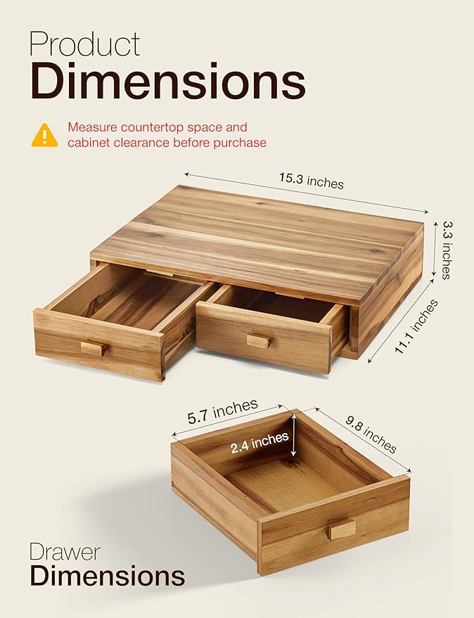 Tinamo Acacia Wood Coffee Pod Storage Box, Coffee Pods and Tea Organizer Holder, K Pod Drawer Coffee Maker Machine Stand, for K-Cup Drawer Organizer Under Brewer (Acacia, 2 drawer)