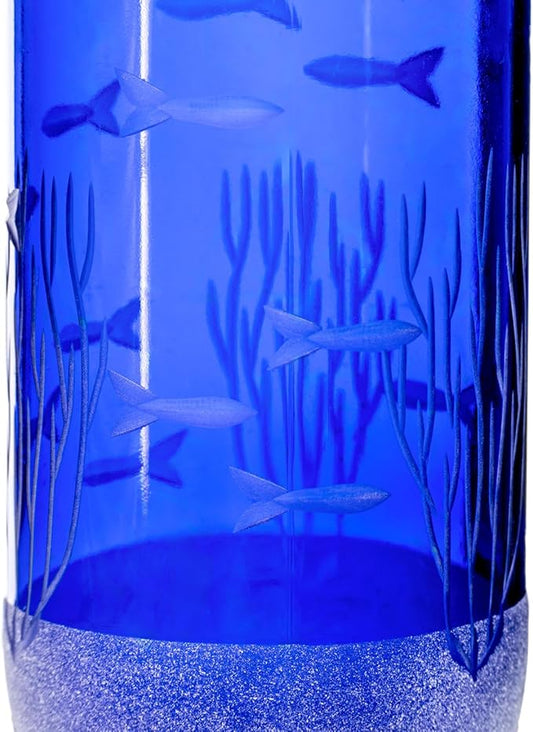 Rolf Glass School of Fish Twice Around Blue Pitcher and Mini Sipper | 13oz Recycled Glass Pitcher & 2” Mini Sipper | Tequila Tasting | Made From Recycled Bottles | Engraved in USA | 2pc + Gift Box Set