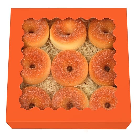 qiqee Auto-pop Up Orange Pie Boxes with Window 10x10x2.5 inch 30Packs Cookie Donut Bakery Box