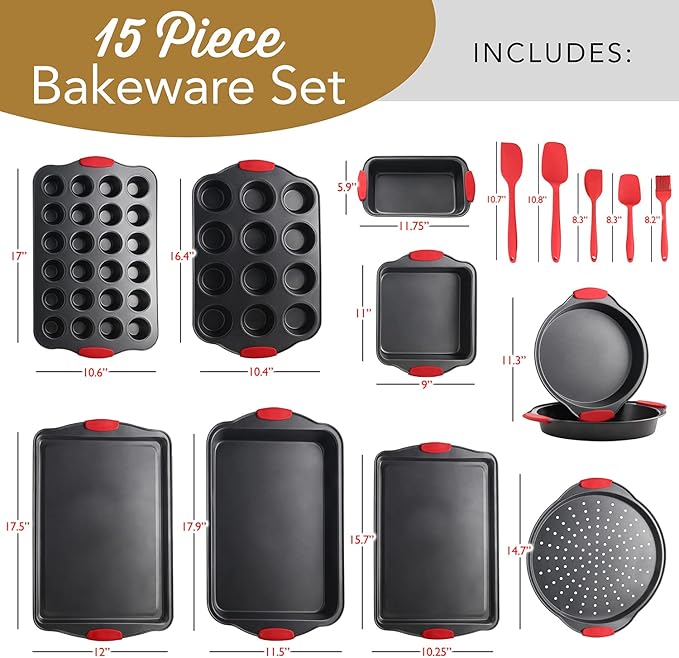 Baking Pan Set, 39 Piece Premium Baking Set, Nonstick Bakeware Sets BPA Free, Cookie Sheets for Baking Nonstick Set, Steel Baking Sheets for Oven with Muffin Pan, Cake Pan & Black Kitchen Utensils