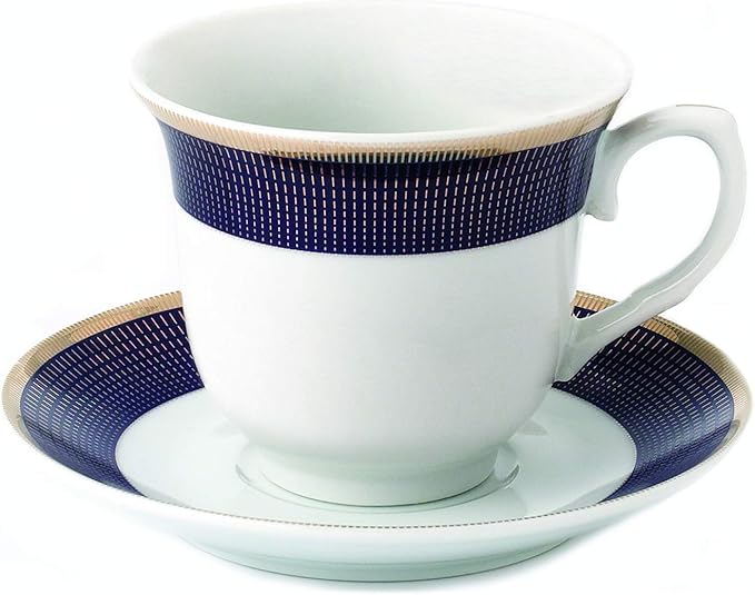 World Gifts Elegant Durable and Colorful Porcelain Tea-Coffee Cups and Saucers Set - Blue and Gold, 8 oz. Set of 4