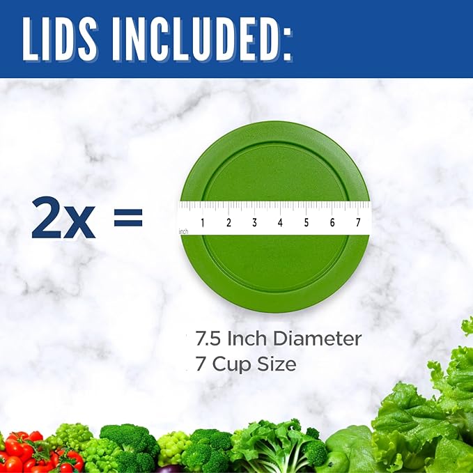 Replacement Lids for Pyrex 6 & 7-Cup Glass Food Storage Container Bowls, 7.5-Inch Plastic Round Lids Covers fits Pyrex 7402-PC, Airtight & Leakproof (2-Pack, Green)