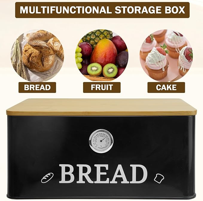 Black Bread Box for Kitchen Countertop with Bamboo lid, Hygrometer Kitchen Organizer for Sourdough, Buns, and Loaves, Bread Storage Container