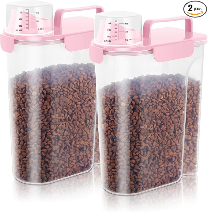 5-7Lbs Dog Cat Food Storage Container with Upgraded Large Nozzle BPA-free, 4 Snap Seals Plastic Pet Food Storage Containers with Handles (2, Light Pink, 5L)