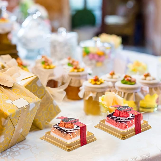 50 Pcs 3.5 Inch Mini Cake Box, Clear Plastic Cupcake Container for Muffins, Cookies, Mooncakes - Small Single Dessert Holder for Wedding, Birthday - Bonus 50 Pcs Gold Stickers