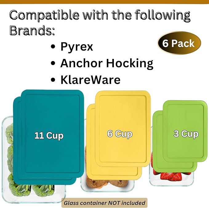 3, 6 & 11 Cup Spring Green, Yellow, Turquoise Replacement Lids/Covers for Pyrex, Anchor Hocking & KlareWare Storage Bowls *Lids Only Glass Container Not Included* (6 Pack *Two of Each Size*)