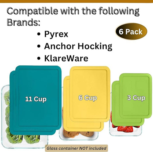 3, 6 & 11 Cup Spring Green, Yellow, Turquoise Replacement Lids/Covers for Pyrex, Anchor Hocking & KlareWare Storage Bowls *Lids Only Glass Container Not Included* (6 Pack *Two of Each Size*)
