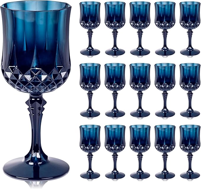 Ciaell 24PCS Blue Plastic Wine Glasses - 7 Oz Plastic Goblets for Party - Blue Vintage Drinking Glasses - Disposable Water Goblets Set for Wedding, Bar, Wine, Beer, Juice, Cocktail & Halloween