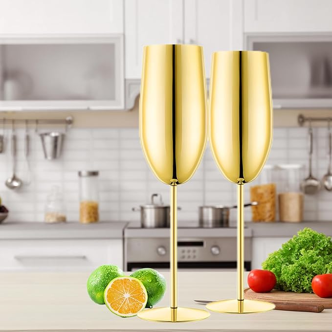 Champagne Glasses Set of 2 Stainless Steel Champagne Flutes Wedding Gifts for Bride 8.5 oz Unbreakable Gold Champagne Glasses for Party Wedding Christmas Anniversary Brithday