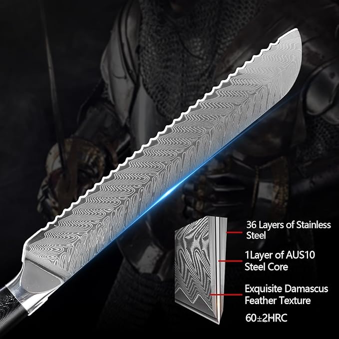 Arisman 8 Inch Bread Knife, Japanese Damascus Steel Chef Knife, Sharp VG10 Kitchen Slicing Knife with Feather Pattern Blade and Full Tang Ergonomic G10 Handle