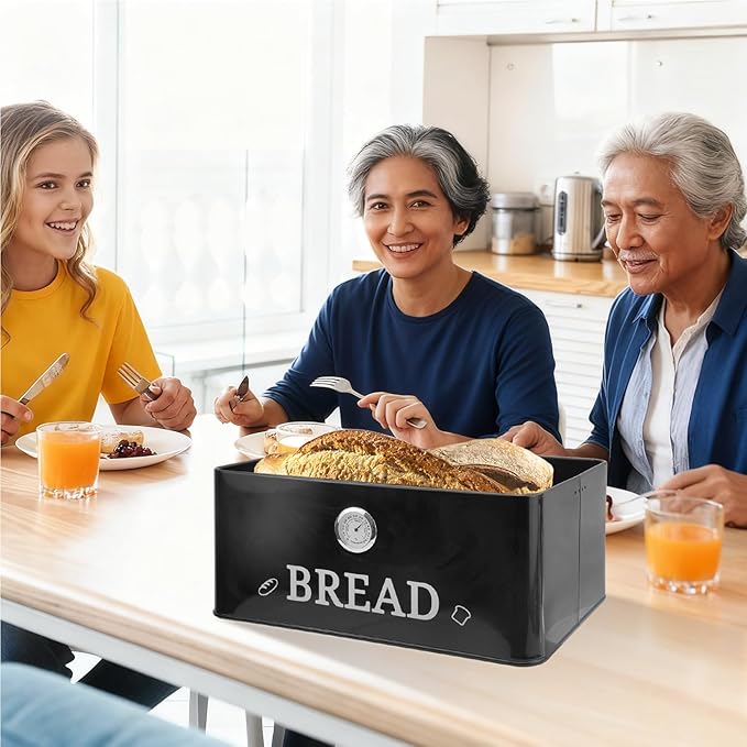 Black Bread Box for Kitchen Countertop with Bamboo lid, Hygrometer Kitchen Organizer for Sourdough, Buns, and Loaves, Bread Storage Container