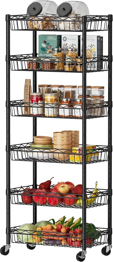 SINGAYE 6 Tier Basket Shelf Wire Shelving Unit Adjustable Storage Shelves Big Basket Rack for Garage Kitchen Office Pantry Corner 17" Dx12 Wx63 H Black