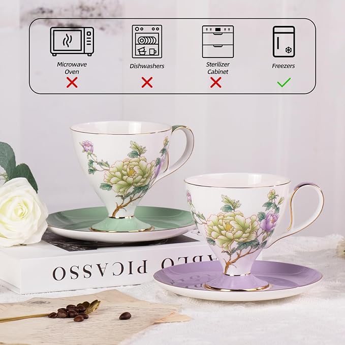 KAMMAK Ceramic Tea Cup and Saucer Set with Gold Trim, 240ml Floral Pattern Elegant Bone China Coffee Cup Set with Purple & Mint Green Saucers for Afternoon Tea, Gift for Women