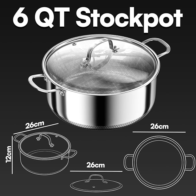 6 QT Stainless Steel Stock Pot with Lid, 10-inch Sauce Pan Induction Cookware, PFOA Free 5-Ply Simmer Pot with Non Stick Coating, Dual Ear Handles Cooking Pot Oven & Dishwasher Safe Easy to Clean
