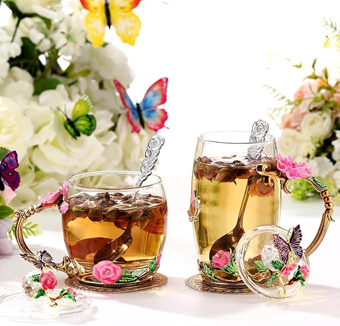 Nuanchu 4 Sets Flower Glass Tea Cups with Lids and Spoon Butterfly Vintage Glass Coffee Mugs Floral Fancy Clear Teacup for Christmas Women Mom Wife Girlfriend(Pink,11 Oz,12 oz)