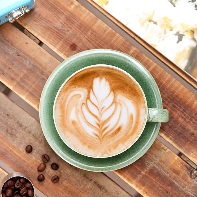 Vintage Design 12 oz Ceramic Latte Art Cappuccino Barista Cup with Saucer (Green)