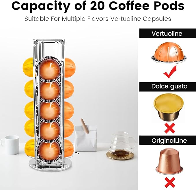 Coffee Pod Stand Holder for Nespresso Vertuoline 20 Pods, Coffee Bar Vertuo Pod Organizer Rack, 360° Rotating Coffee Capsule Holds Storage, 20 Pods Holder Spinner for Nespresso Vertuo Line (Silver)