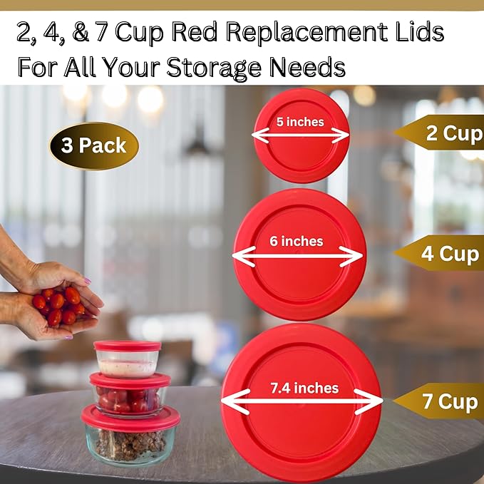 2, 4 & 7 Cup Red Replacement Lids/Covers for Pyrex, Anchor Hocking & KlareWare Storage Bowls *Lids Only Glass Container Not Included* (3 Pack *One of Each Size*)