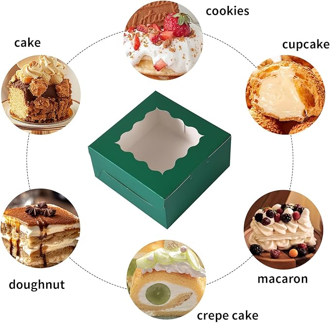 6x6x3 Inches Small Cake Box with Window, Bakery Box, Pastry Boxes, Cookie Boxes, Mini Pie Box for Pastry,Dessert,Strawberries,Chocolates, Cupcakes with paper stickers (Green/36pcs)