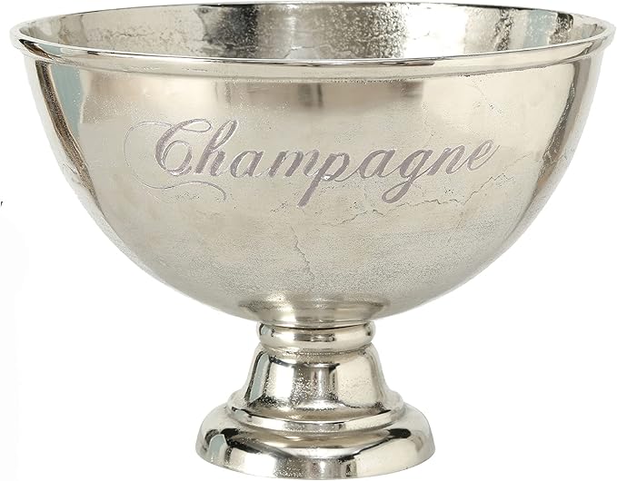 WHW Whole House Worlds Luxury Champagne Bucket with Old World Panache, Elegant Script Text Details, Hand Cast of Silver Aluminum, Pedestal Base, Party Sized, 18.5 Inches Diameter, 13.5 Inches Tall