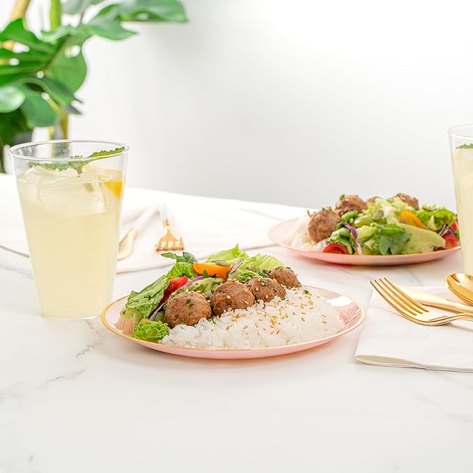 Restaurantware Plastic Plates 100 Pcs 7.25" Gold Rimmed Disposable Plates Heavy-Duty Pink Translucent Rippled Plastic Dinner Servers for Party, Weddings, Salads, Desserts, and Appetizers