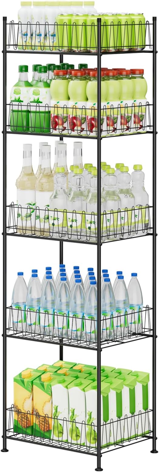 5 Tier Water Bottle Storage Rack Freestanding Metal Water Bottle Holder Shelf Organizer Drink Beverage Soda Can Organizer Storage Rack Bottled Water Stand for Floor Pantry Kitchen Food Storage, Black