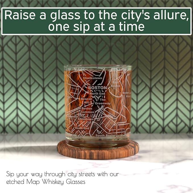 Greenline Goods Whiskey Glasses - 10 Oz Tumbler Gift Set for Boston lovers, Etched with Boston Map | Old Fashioned Rocks Glass - Set of 2