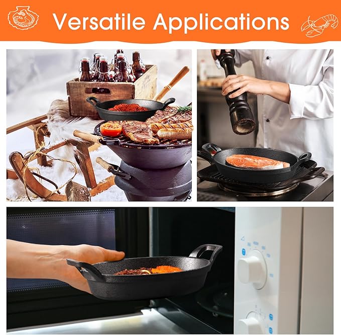 Mifoci 4 Pcs Oval Serving Dish Mini Cast Iron Skillet Cast Iron Baking Pan Sizzling Plate Matte Black Gratin Cookware for Home Restaurant Kitchen Food Service Barbecue (10.8" X 6.1")