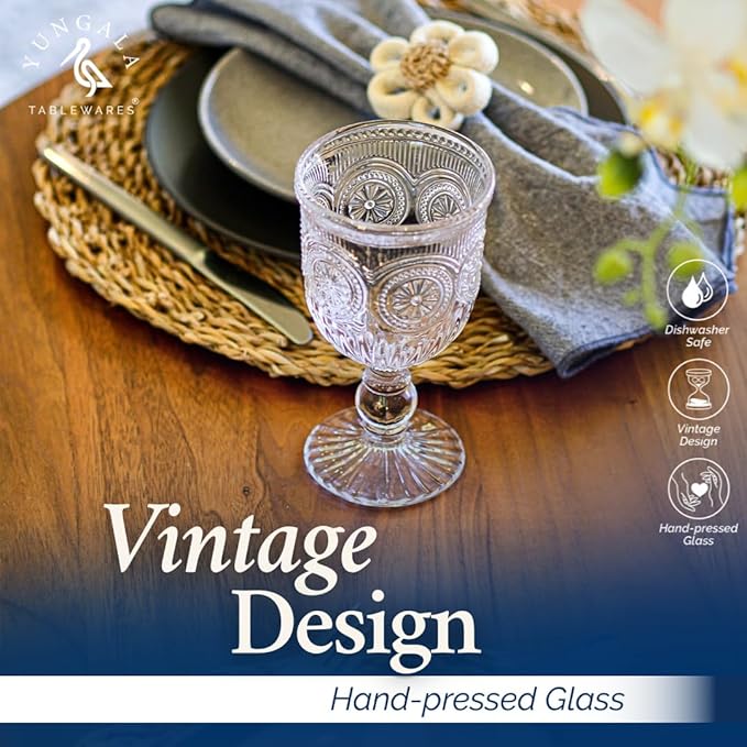 Yungala Vintage Wine Glasses,Set of 6 Glass Goblets for Water, Wine or Cocktails - Fancy Wine Glasses with a retro vibe. Sunflower Embossed Design on sturdy dishwasher-safe glasses.