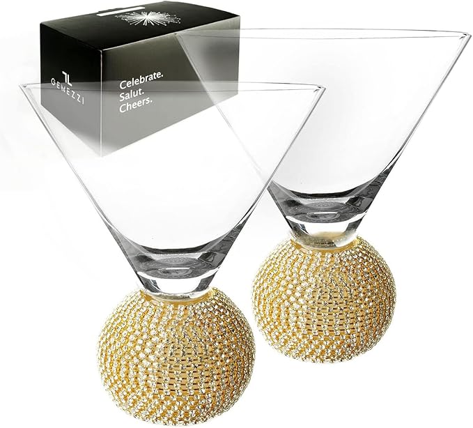 GEMELLO Gemezzi Stemless Martini Glasses Set of 2, Gold Stemless Cocktail Glass, Crystal Ball Base in Elegant Box, Perfect Bar Accessories for Margarita, Manhattan, Cosmos, Mixed Drinks, and Desserts