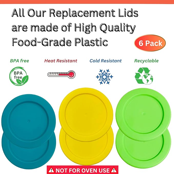 4 Cup/950 mL Turquoise Yellow Spring Green Replacement Lids/Covers for Pyrex 7201-PC, 32oz Anchor Hocking & KlareWare Storage Bowls *Lids Only Glass Container Not Included* (6 Pack, Turq/Y/Spring Grn)