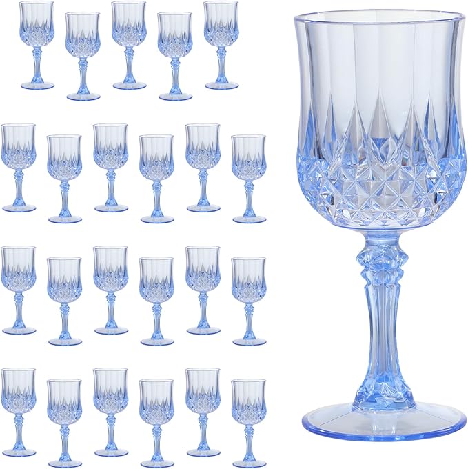 Blue Plastic Wine Glasses 7oz – 24 Pcs Unbreakable Vintage Plastic Goblets for Parties Reusable & Dishwasher Safe Ideal for Weddings, Bars, and Every Celebration