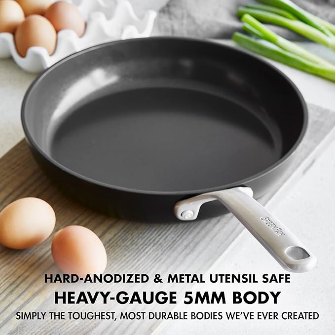 GreenPan GP5 Hard Anodized Healthy Ceramic Nonstick 10" Frying Pan Skillet, Heavy Gauge Scratch Resistant, Stay Flat Surface, Induction, Mirror Finish Handle,Oven Safe, PFAS-Free, Black