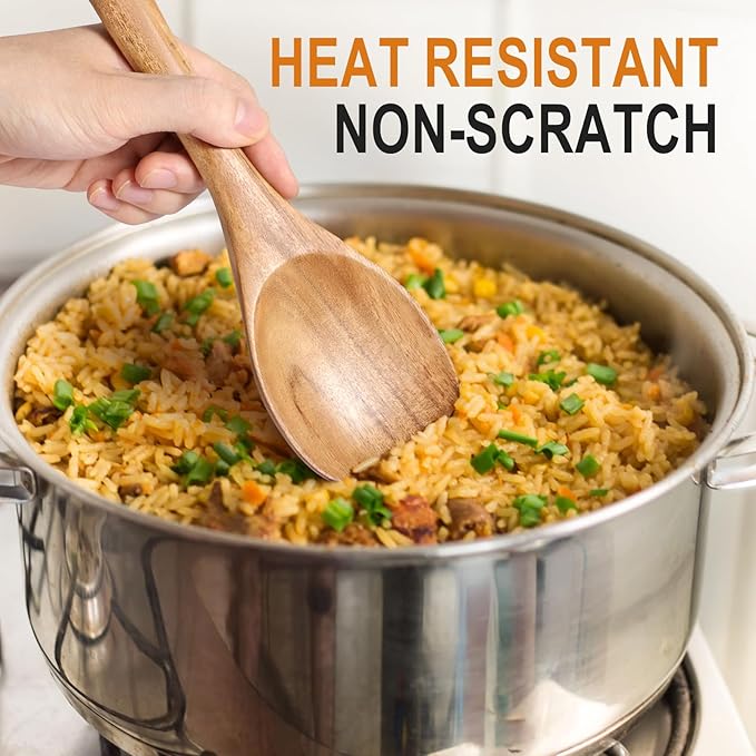 Wooden Spoons for Cooking, Wooden Utensils for Cooking Natural Teak Wooden Kitchen Utensils Set Comfort Grip (3 PCS)