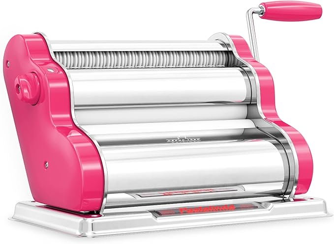 PASTALINDA Classic 260 Pasta Maker Machine, 26 cm Wide Rollers, 9 Thickness Positions, 2 Cutting Positions, Stainless Steel. Includes Reinforced Hand Crank And Two Clamps (Fuchsia)