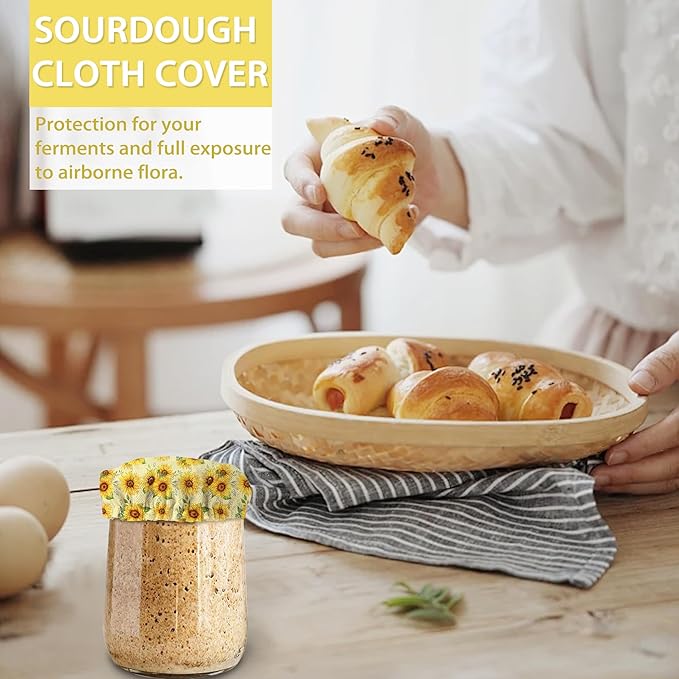 Sunflower Floral Sourdough Jar Cover Reusable Cloth Lid for Sour Dough Starter Jar,5 Pack Bread Fermentation Container Tops Elastic Fabric Caps