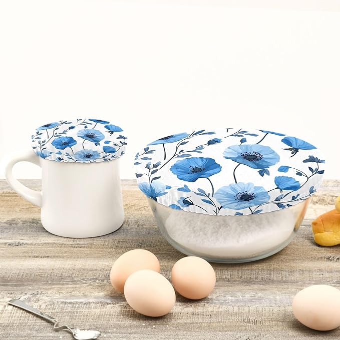5 Pcs Bowl Covers Reusable in 5 Size Elastic Food Cover Cloth Lids Fresh Keeping Dish Cookware Bakeware Fabric Covers Lids for Food Leftovers Fruits Storage Blue Poppy Flowers and Branches