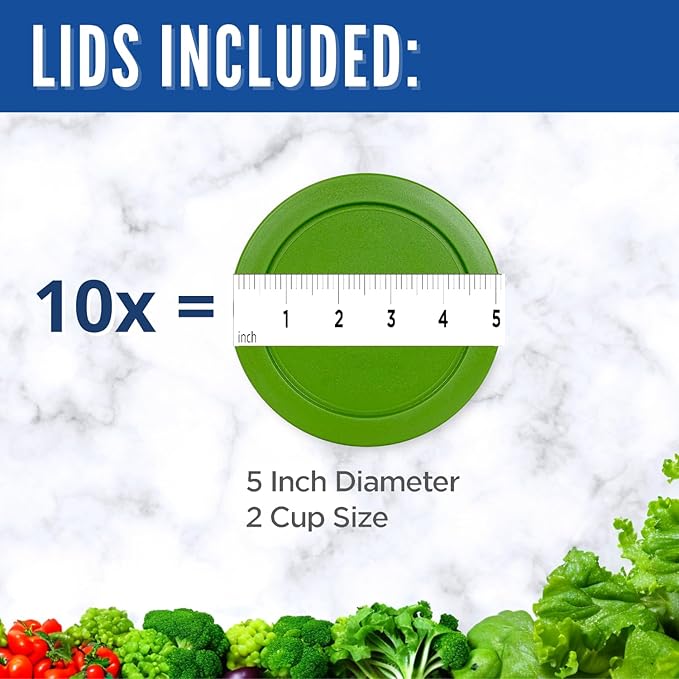 Replacement Lids for Pyrex 2-Cup Glass Food Storage Container Bowls, 5-Inch Plastic Round Lids Covers fits Pyrex 7200-PC, Airtight & Leakproof (10-Pack, Green)