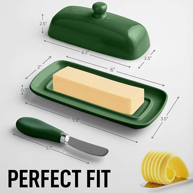 Zulay Butter Dish With Lid For Countertop - Porcelain White, Ceramic Butter Dish with Knob Handle Great for Cooking - Elegant Design Butter Holder - Durable & Sturdy Butter Keeper - Jade