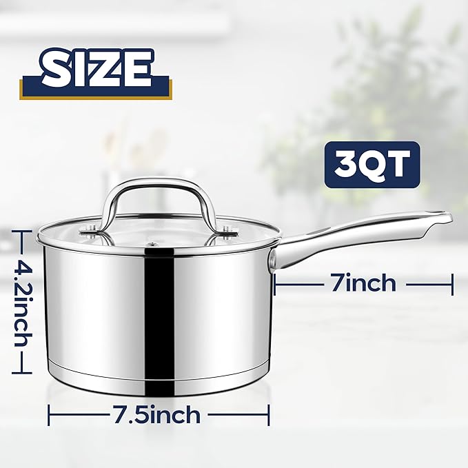 LIANYU Stainless Steel Saucepan, 3 Quart Sauce Pan with Visible Lid, Triply Induction Small Sauce Pot for Kitchen Cooking, Boiling, Compatible with All Stoves, Oven & Dishwasher Safe